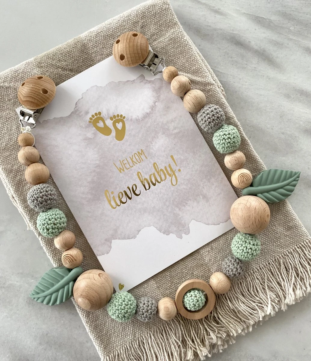 Luxe Speenkoorden - Houten Wagenspanner - Gehaakt - Kralen - Kraamcadeau - Baby Shower - Groen - Blad - Afbeelding 2