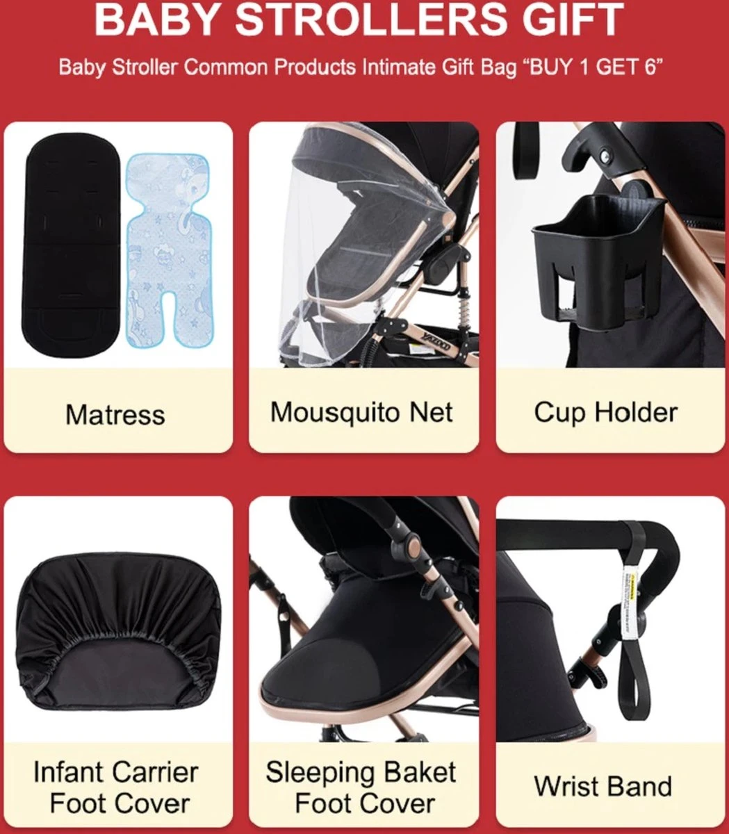 Luxe Kinderwagen 3 In 1 - Wandelwagen - Kinderwagen 3-in-1 Incl Autostoel - Kinderwagen Maxi Cosi – Buggy 3 In 1 - Newborn - Zwart/goud - Afbeelding 5