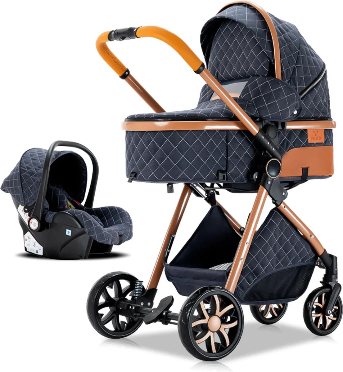 Merkloos Kinderwagen 3-in-1 – Luxe Kinderwagen - Buggy – Wandelwagen - Multifunctioneel – Opklapbaar – Incl Autostoel – Blauw - Afbeelding 2