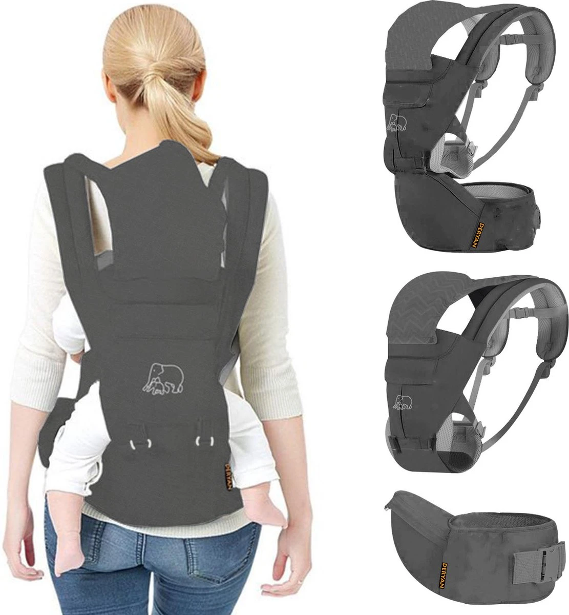 Deryan Pack Luxe Ergonomische Draagzak Babydrager + Opbergvakjes Grijs - Afbeelding 10