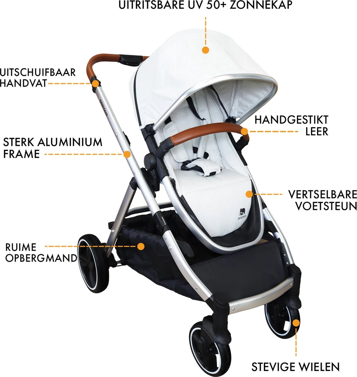 Deryan Evy Kinderwagen - Duo Kinderwagen - Uitbreidbaar - Inclusief Reiswieg - Creme - Afbeelding 5