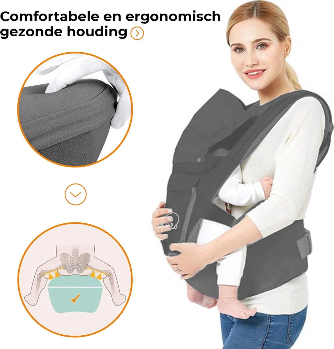 Deryan Pack Luxe Ergonomische Draagzak Babydrager + Opbergvakjes Grijs - Afbeelding 5