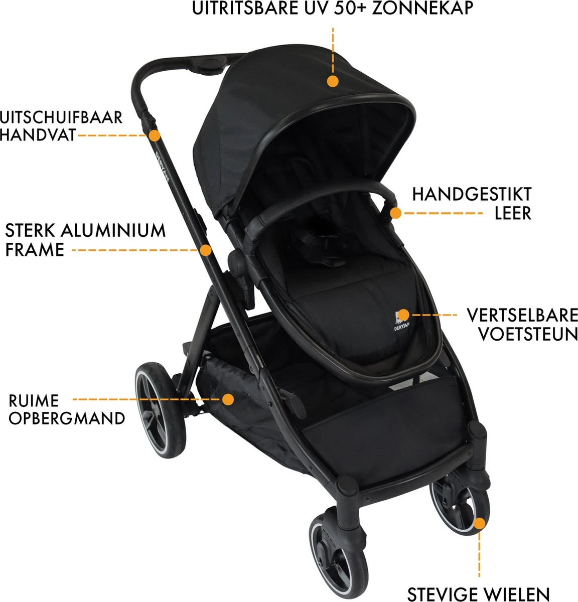 Deryan Evy Kinderwagen - Duo Kinderwagen - Uitbreidbaar - Inclusief Reiswieg - Zwart - Afbeelding 11