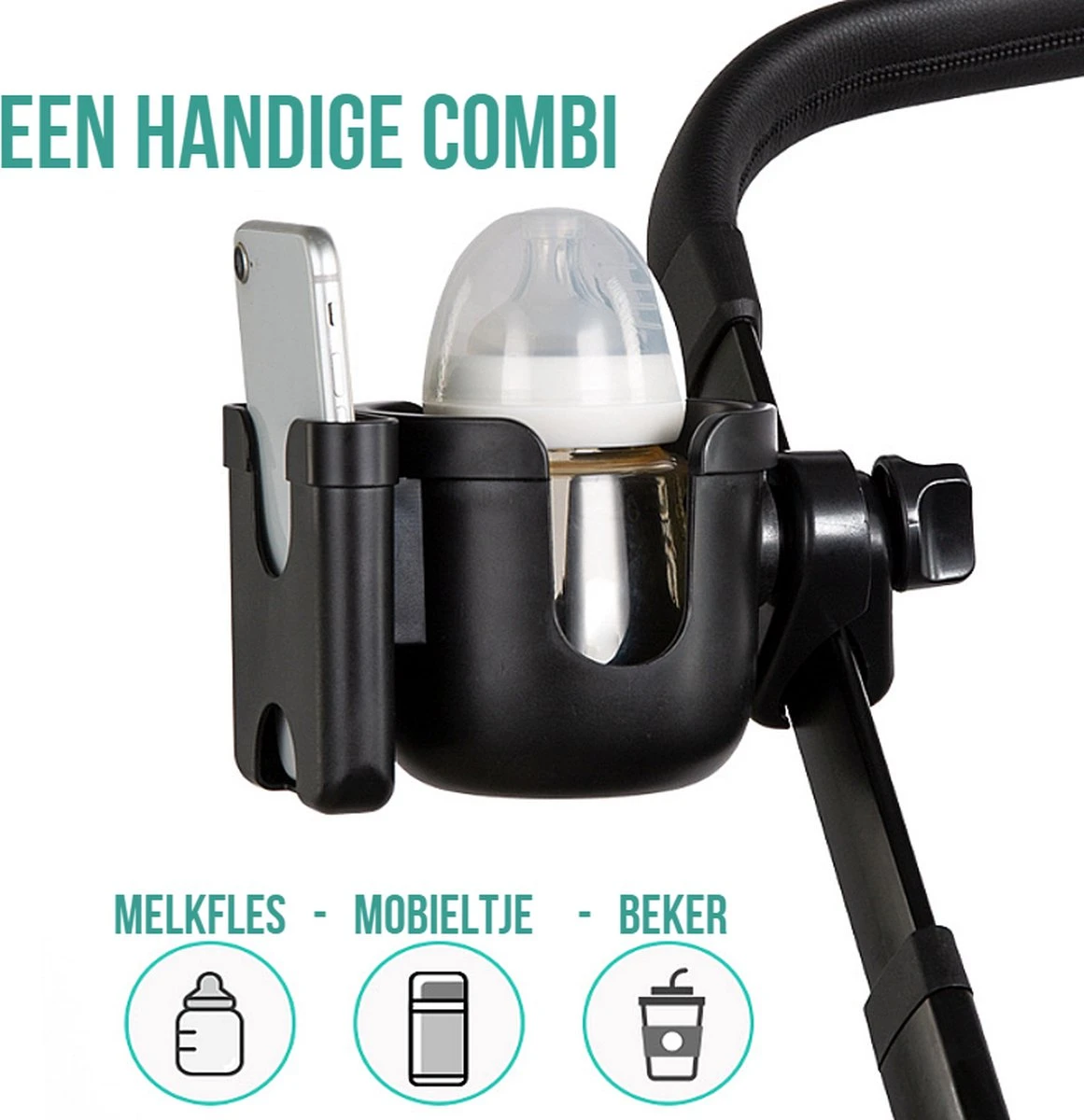Merkloos Allernieuwste Universele Bekerhouder PLUS Telefoonhouder Voor Kinderwagen, Buggy En Fiets - Kinderwagen Accessoires - Combi 2-in-1 - ZWART - Afbeelding 3