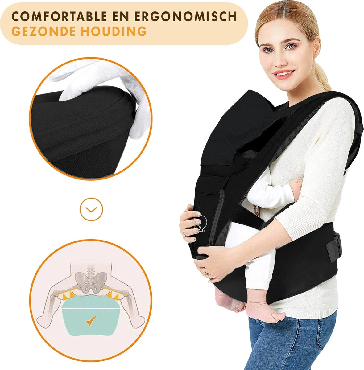 Deryan Pack Luxe Ergonomische Draagzak - Babydrager + Opbergvakjes - Zwart - Afbeelding 2