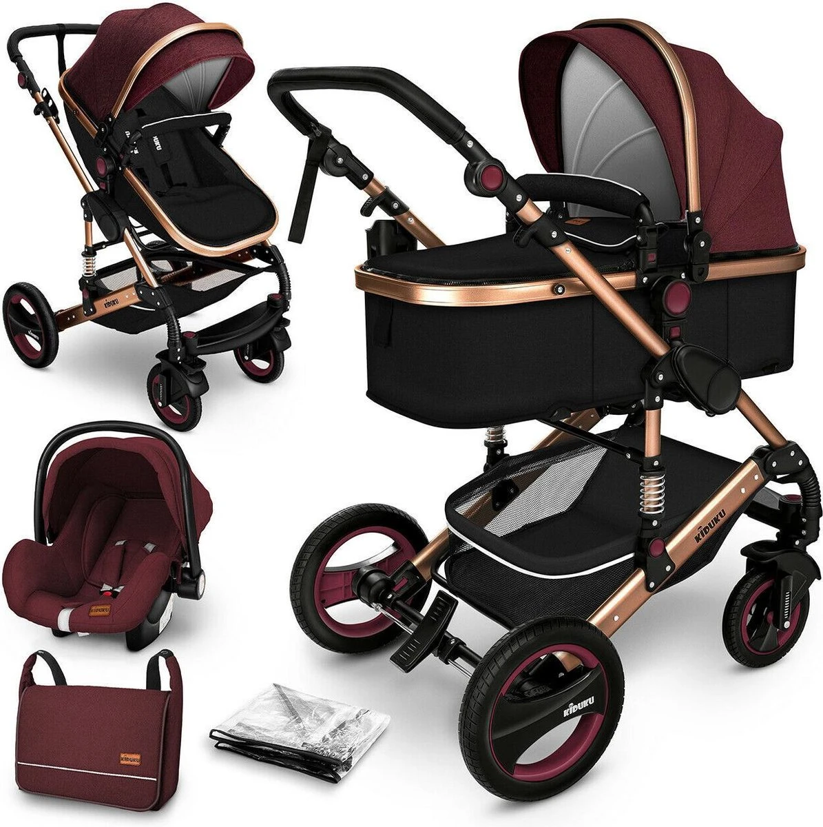 KIDUKU- 3 In 1 Combi-kinderwagen- Bordeaux- Zwart-goud- Buggy Incl. Autostoeltje-regenhoes- Inklapbaar
