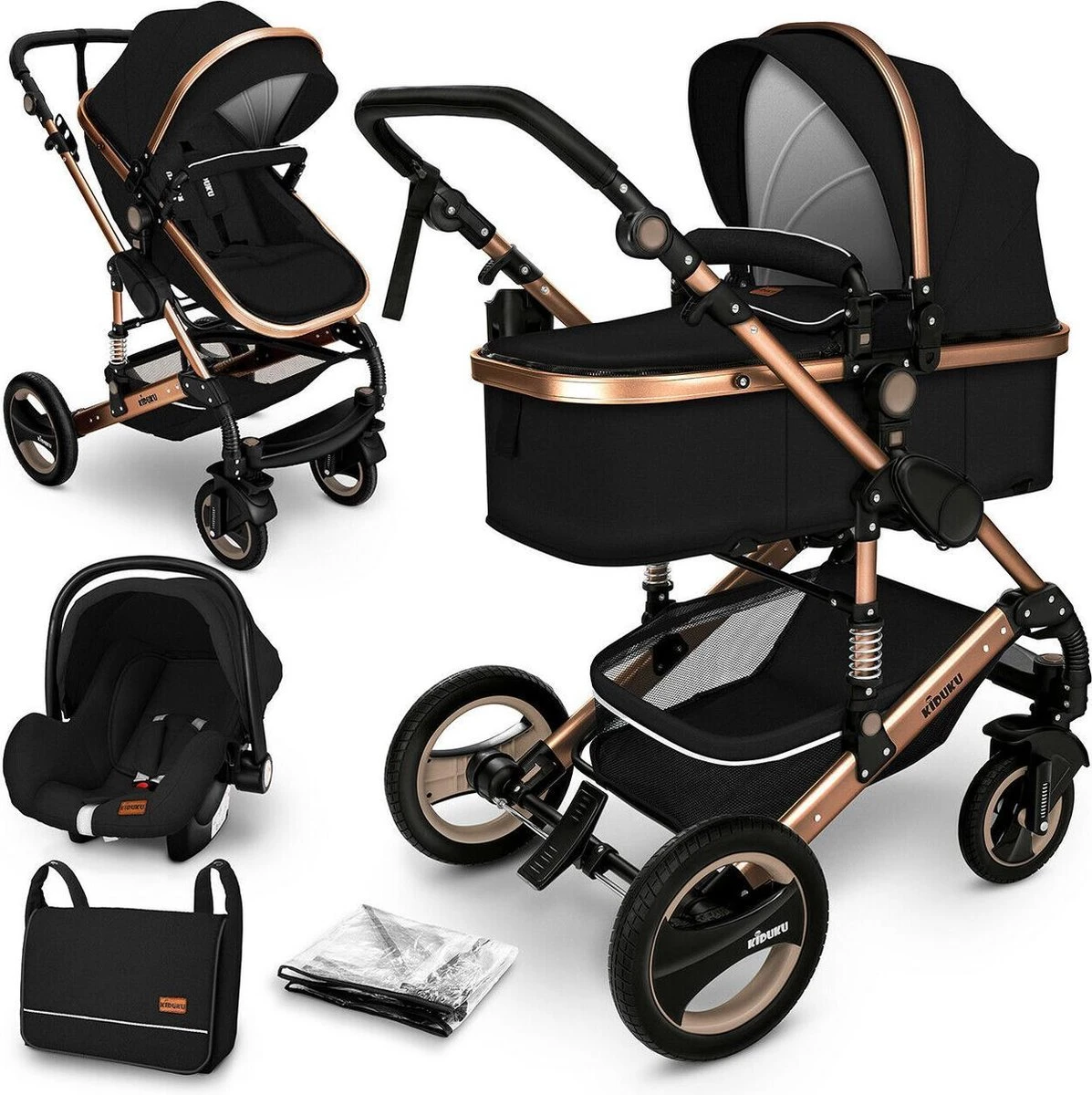 KIDUKU- 3 In 1 Combi-kinderwagen- Zwart/goud- Buggy Incl. Autostoeltje-regenhoes- Inklapbaar