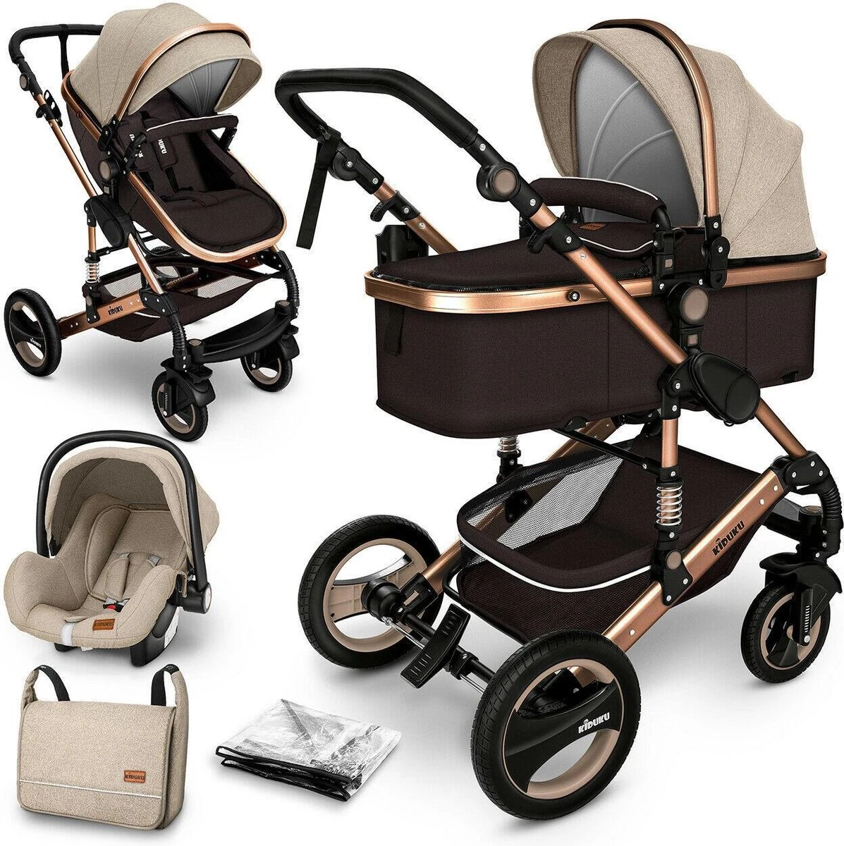 KIDUKU- 3 In 1 Combi-kinderwagen- Bruin/goud- Buggy Incl. Autostoeltje-regenhoes- Inklapbaar