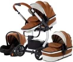 Merkloos BrightWise® Luxe Kinderwagen 3 In 1 Voldoet Aan Alle Europese Veiligheidscertificaten - Wandelwagen - Kinderwagen 3-in-1 Incl Autostoel - Kinderwagen Maxi Cosi – Buggy 3 In 1 - Newborn - Leer - Bruin