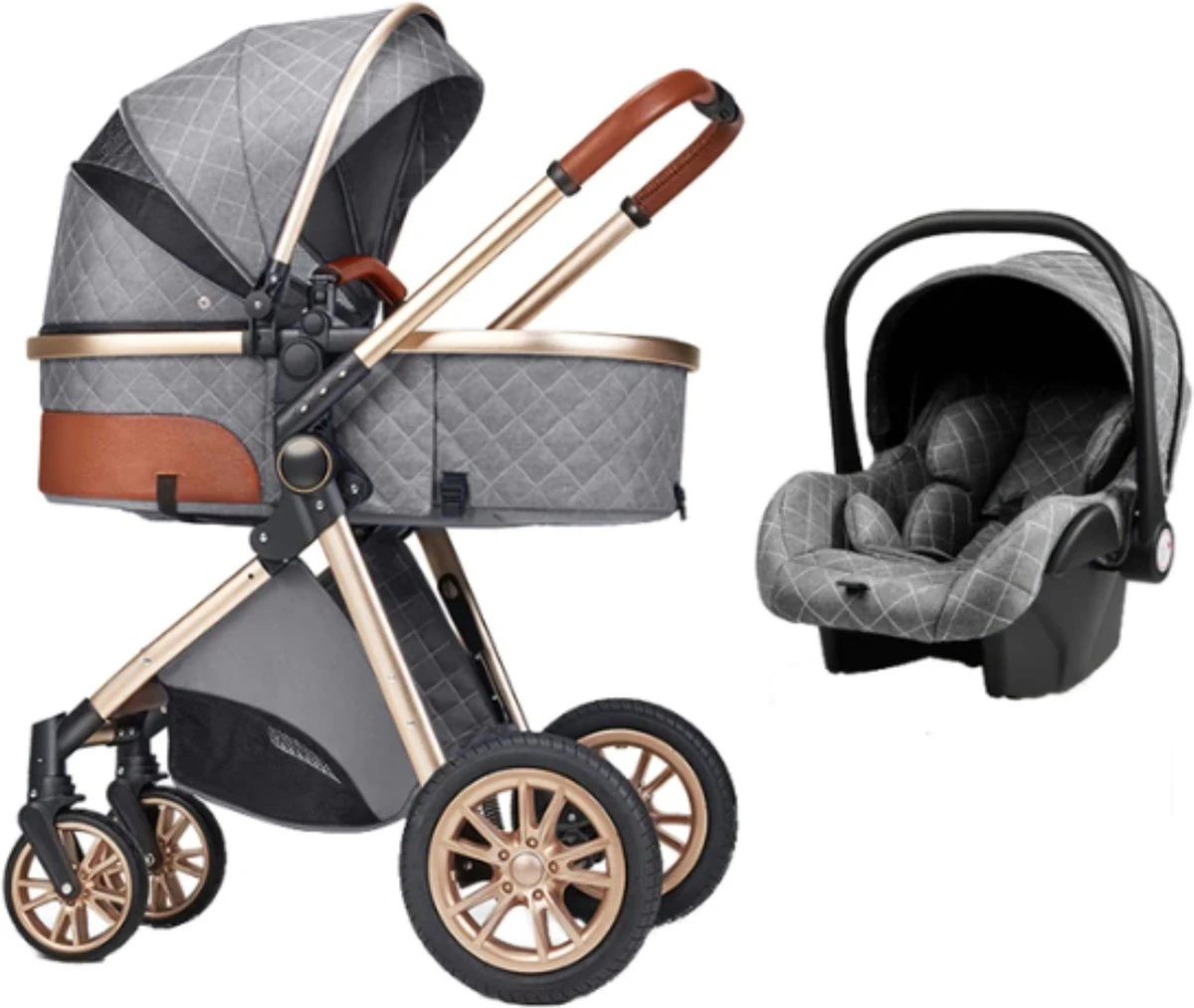Merkloos Kinderwagen 3-in-1 – Luxe Kinderwagen - Buggy – Wandelwagen - Multifunctioneel – Opklapbaar – Incl Autostoel – Grijs - Afbeelding 2