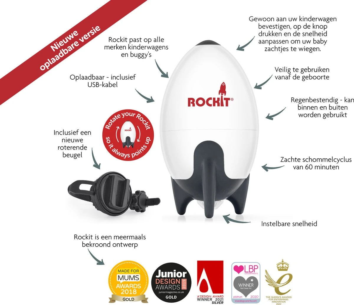 Nieuwe Draaibare Montage Beugel Rockit Baby Rocker | Past Op Oud (4 AA Batterij) En Nieuw Model Rockit (oplaadbaar) | Draaibaar | Sterker | Betere Montage | - Afbeelding 2