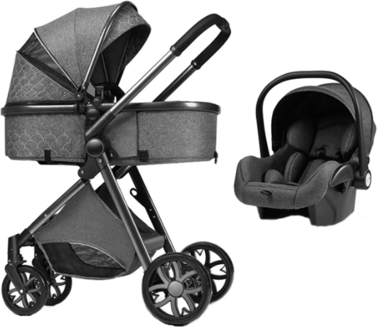 Merkloos Kinderwagen 3-in-1 – Luxe Kinderwagen - Buggy – Wandelwagen - Multifunctioneel – Opklapbaar – Incl Autostoel – Donkergrijs - Afbeelding 2