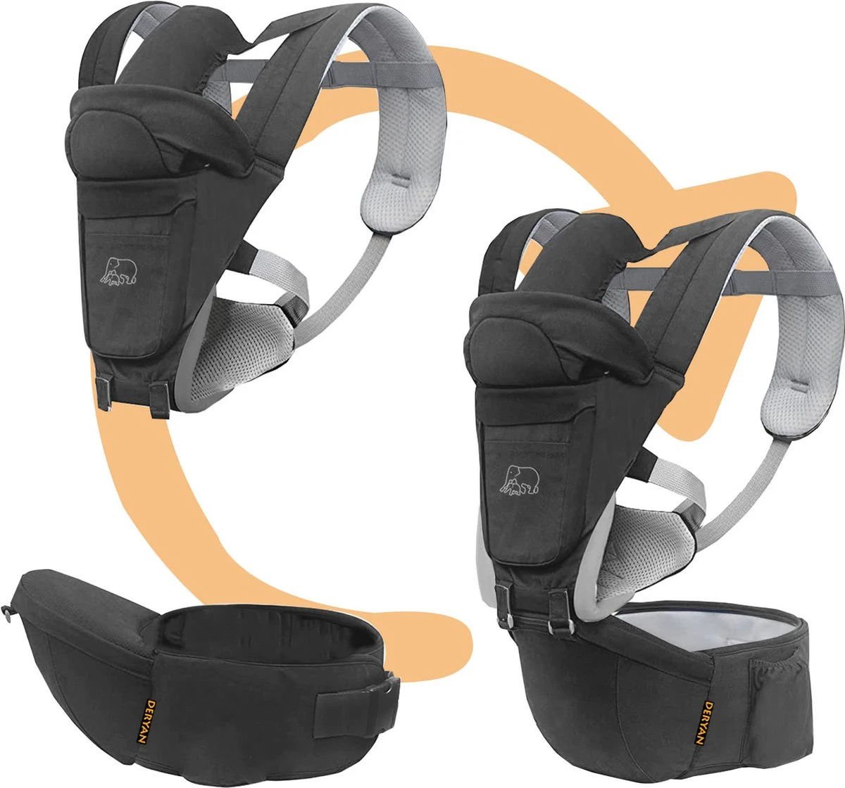 Deryan Pack Luxe Ergonomische Draagzak Babydrager + Opbergvakjes Grijs - Afbeelding 12