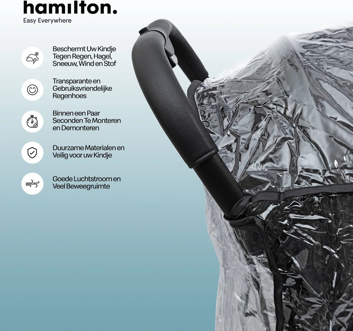 Hamilton By Yoop Buggy Regenhoes - Waterdicht Winddicht En Stofdicht Regenscherm Met Klittenbandsluiting - Transparant Weerschild Kinderwagen - Afbeelding 3