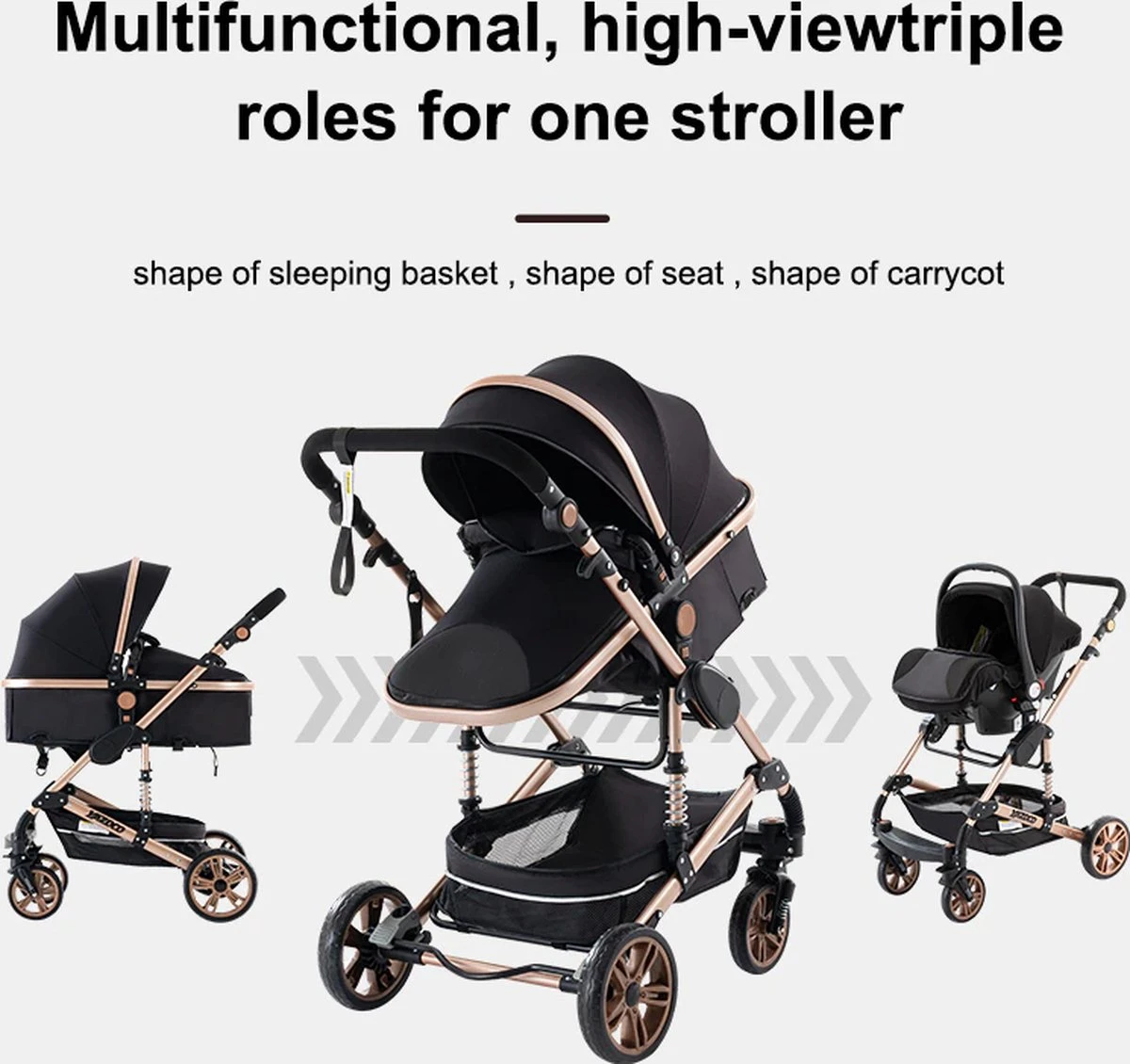 Luxe Kinderwagen 3 In 1 - Wandelwagen - Kinderwagen 3-in-1 Incl Autostoel - Kinderwagen Maxi Cosi – Buggy 3 In 1 - Newborn - Zwart/goud - Afbeelding 10