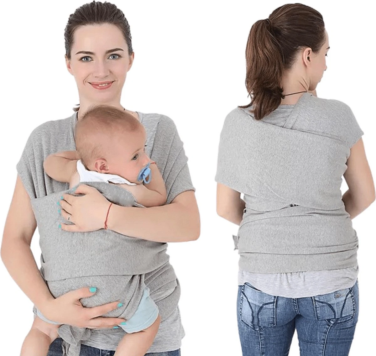 Baby Mama Draagdoek Grijs - Rekbaar - Biologisch Katoen - Ergonomisch - Draagzak - Tot 15KG