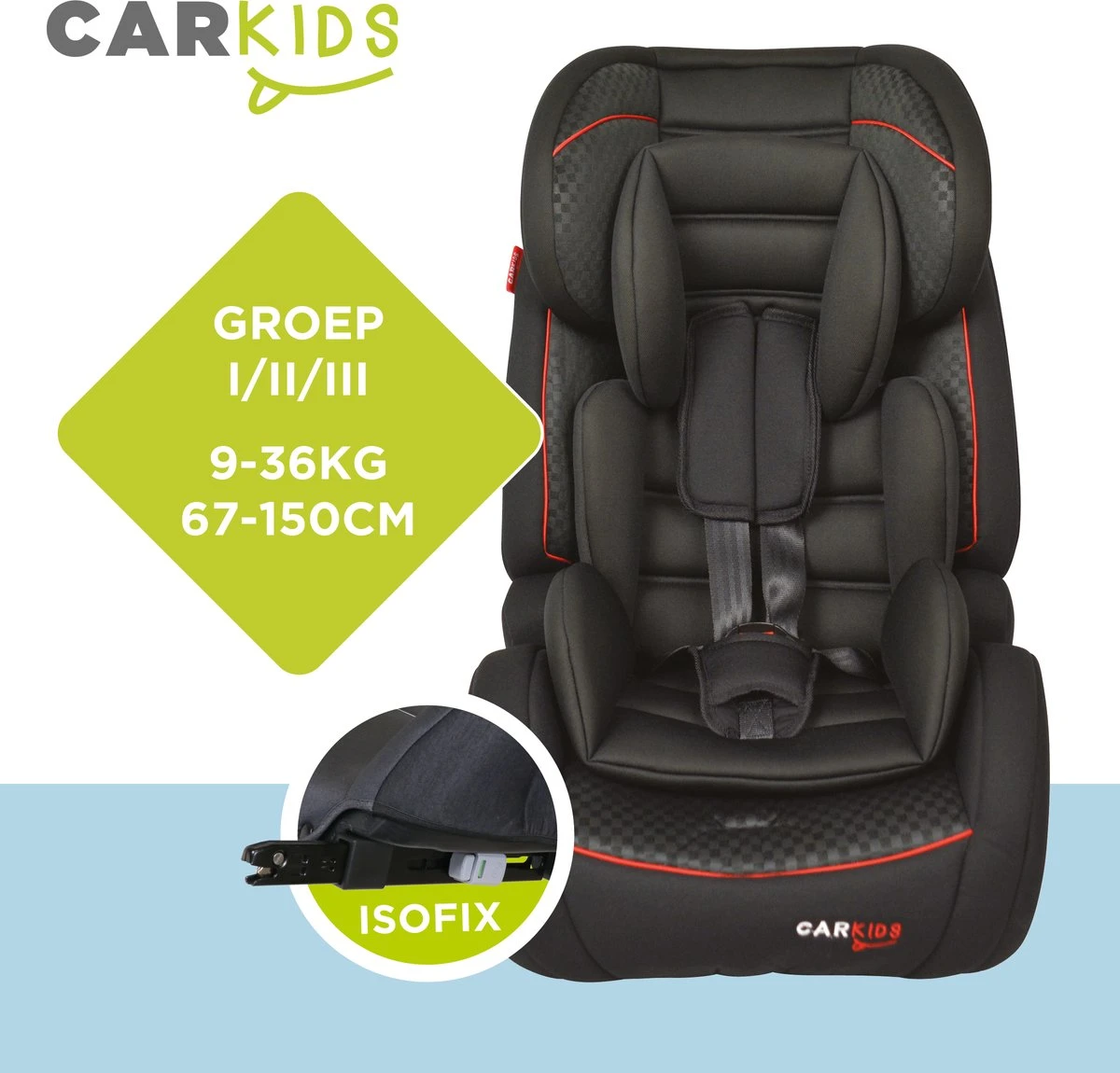 Carkids Verstelbaar Kinderautostoeltje Zwart En Rood | Kinderautostoel Groep 1-2-3 Met Isofix En Top Tether Connector | Kinderen Van 9 Maanden -12 Jaar | 9-36 Kg - Afbeelding 4