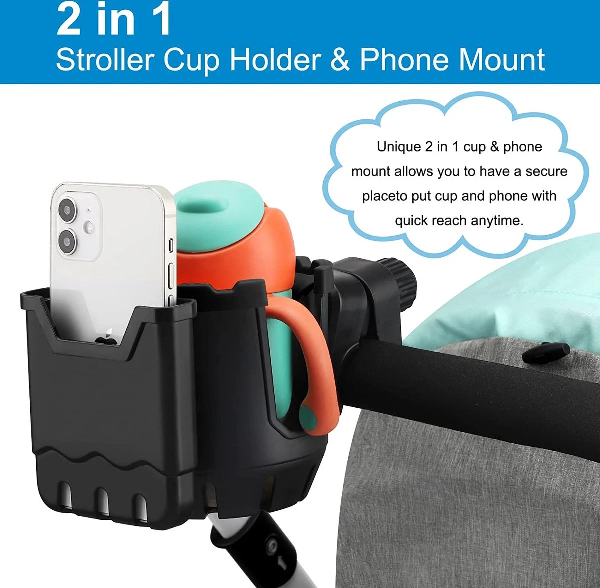 BOTC 2 In 1 Bekerhouders & Telefoonhouder - Cup Organizer Voor Kinderwagen, Fiets, Rolstoel, Walker - Zwart - Afbeelding 7