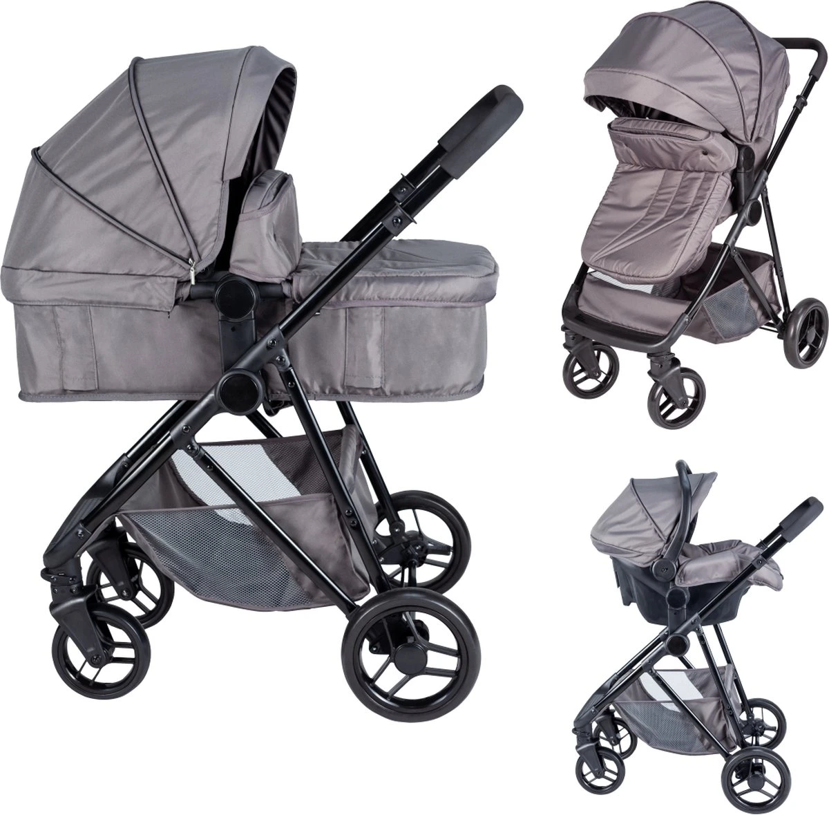 Bebies First Combi 3 In 1 Kinderwagen Optima- Grijs - Inc. Reiswieg, Zitting & Autostoel