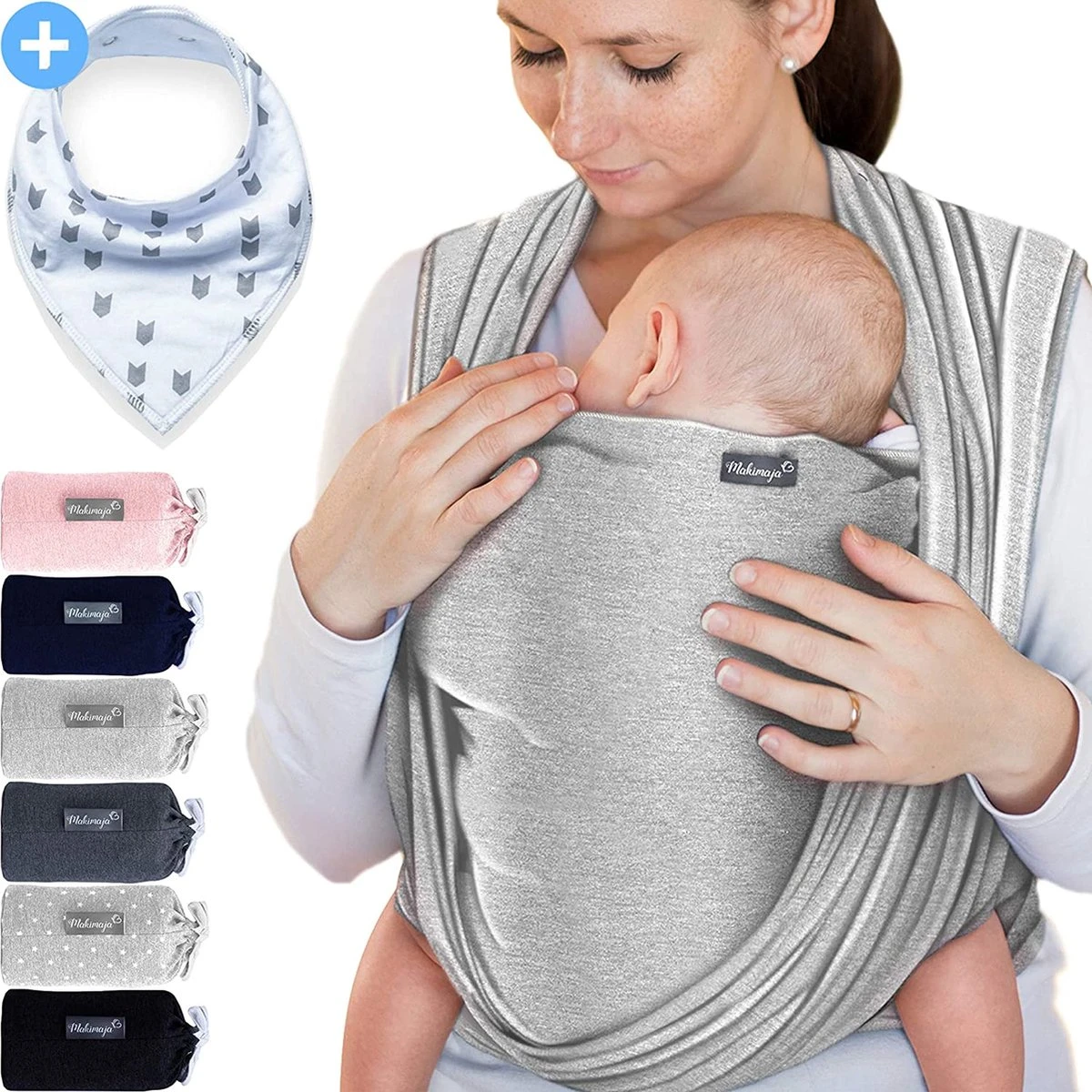 Makimaja Baby Sling - Licht Grijs - Hoge Kwaliteit 100% Natuurlijk Katoen Baby Sling - Baby Sling Pasgeborenen En Baby's Tot 15 Kg - Plus Inclusief: Baby Slabbetje