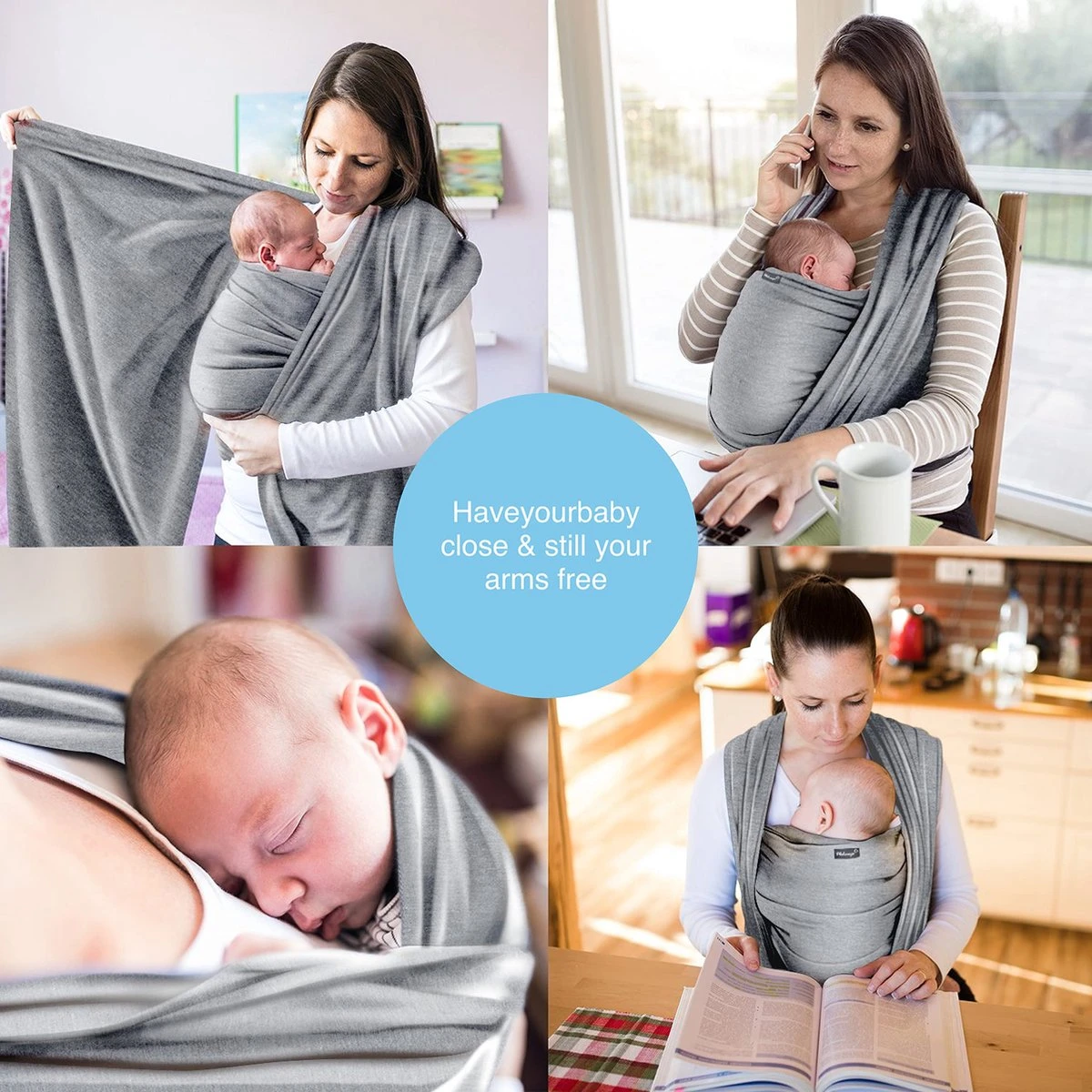 Makimaja Baby Sling - Licht Grijs - Hoge Kwaliteit 100% Natuurlijk Katoen Baby Sling - Baby Sling Pasgeborenen En Baby's Tot 15 Kg - Plus Inclusief: Baby Slabbetje - Afbeelding 3