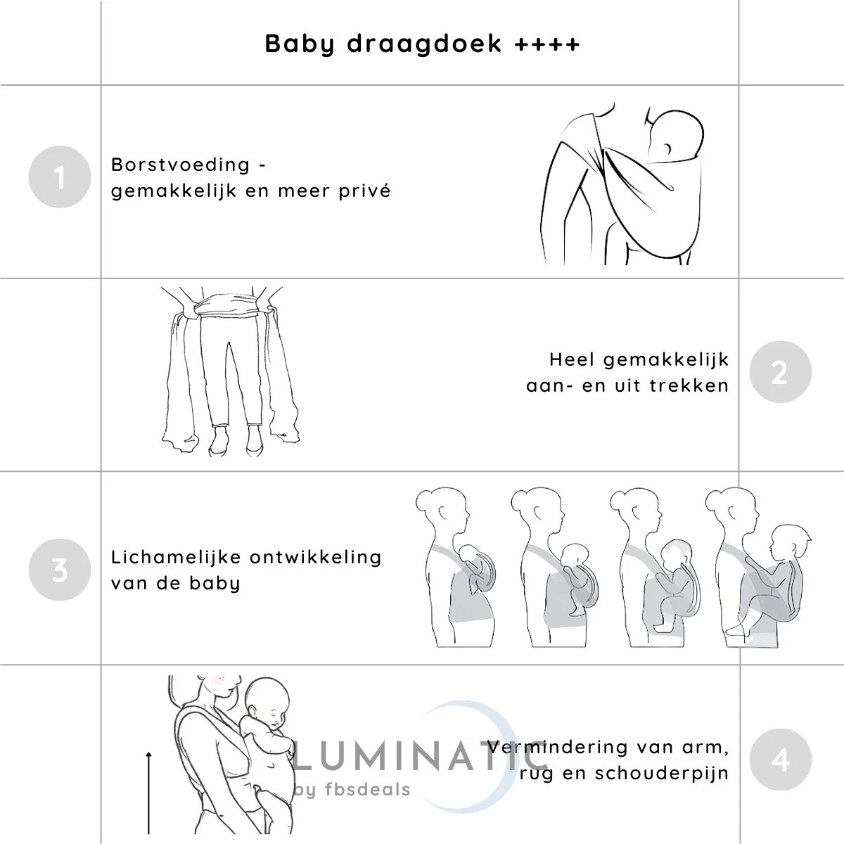 Baby Draagdoek - Babywrap - Baby Carrier - Babydrager - Buikdrager Baby – Baby Draagzak - Baby Sling | Luminatic® | Ergonomisch | Met Tasje | Donker Grijs - Afbeelding 4