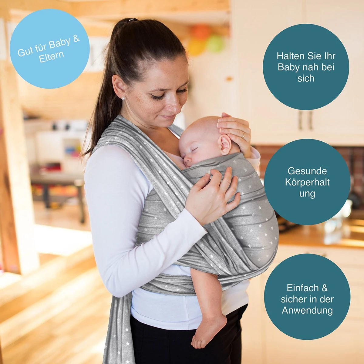 Makimaja Baby Sling - Licht Grijs Met Sterren - Hoge Kwaliteit 100% Natuurlijk Katoen Baby Sling - Baby Sling Pasgeborene En Baby's Tot 15 Kg - Plus Inclusief: Baby Slabbetje - Afbeelding 2