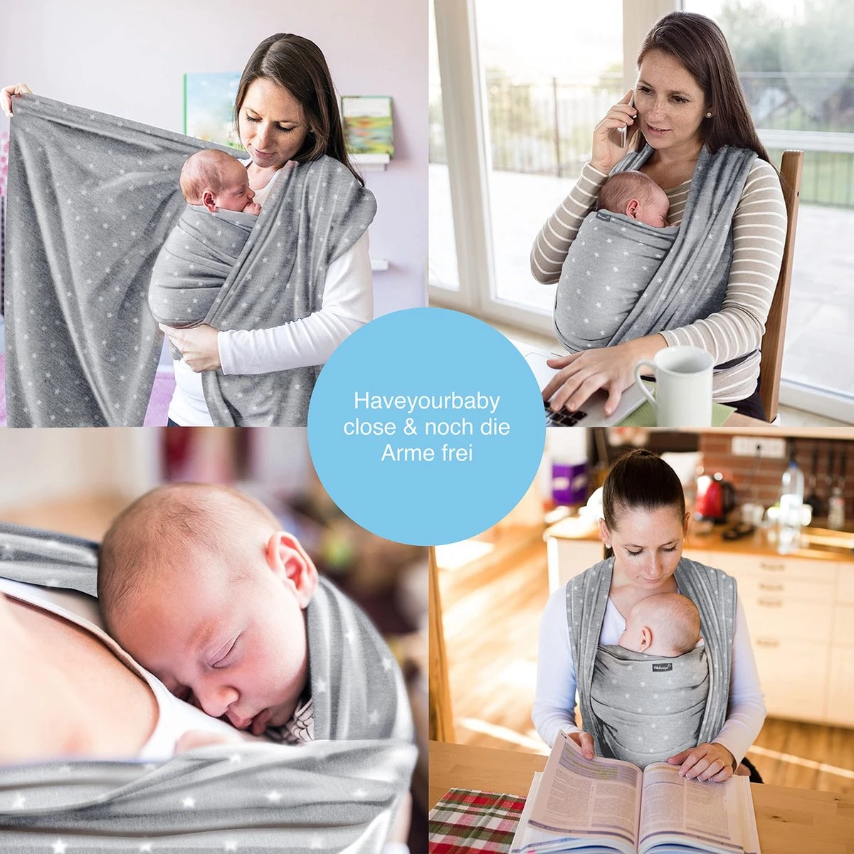 Makimaja Baby Sling - Licht Grijs Met Sterren - Hoge Kwaliteit 100% Natuurlijk Katoen Baby Sling - Baby Sling Pasgeborene En Baby's Tot 15 Kg - Plus Inclusief: Baby Slabbetje - Afbeelding 3