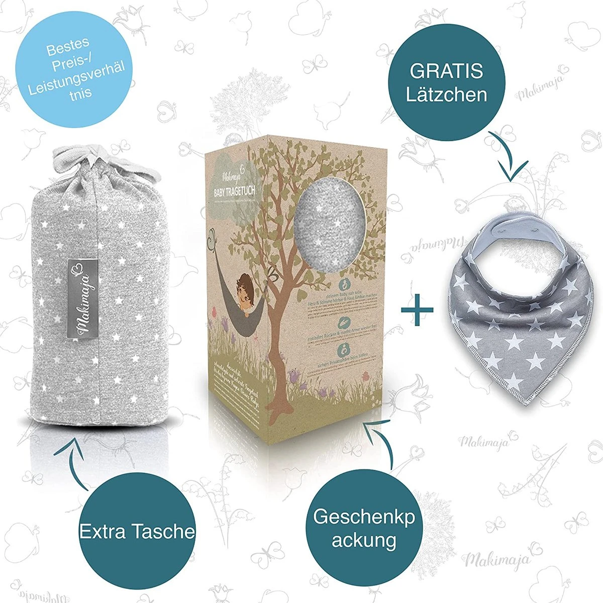 Makimaja Baby Sling - Licht Grijs Met Sterren - Hoge Kwaliteit 100% Natuurlijk Katoen Baby Sling - Baby Sling Pasgeborene En Baby's Tot 15 Kg - Plus Inclusief: Baby Slabbetje - Afbeelding 5