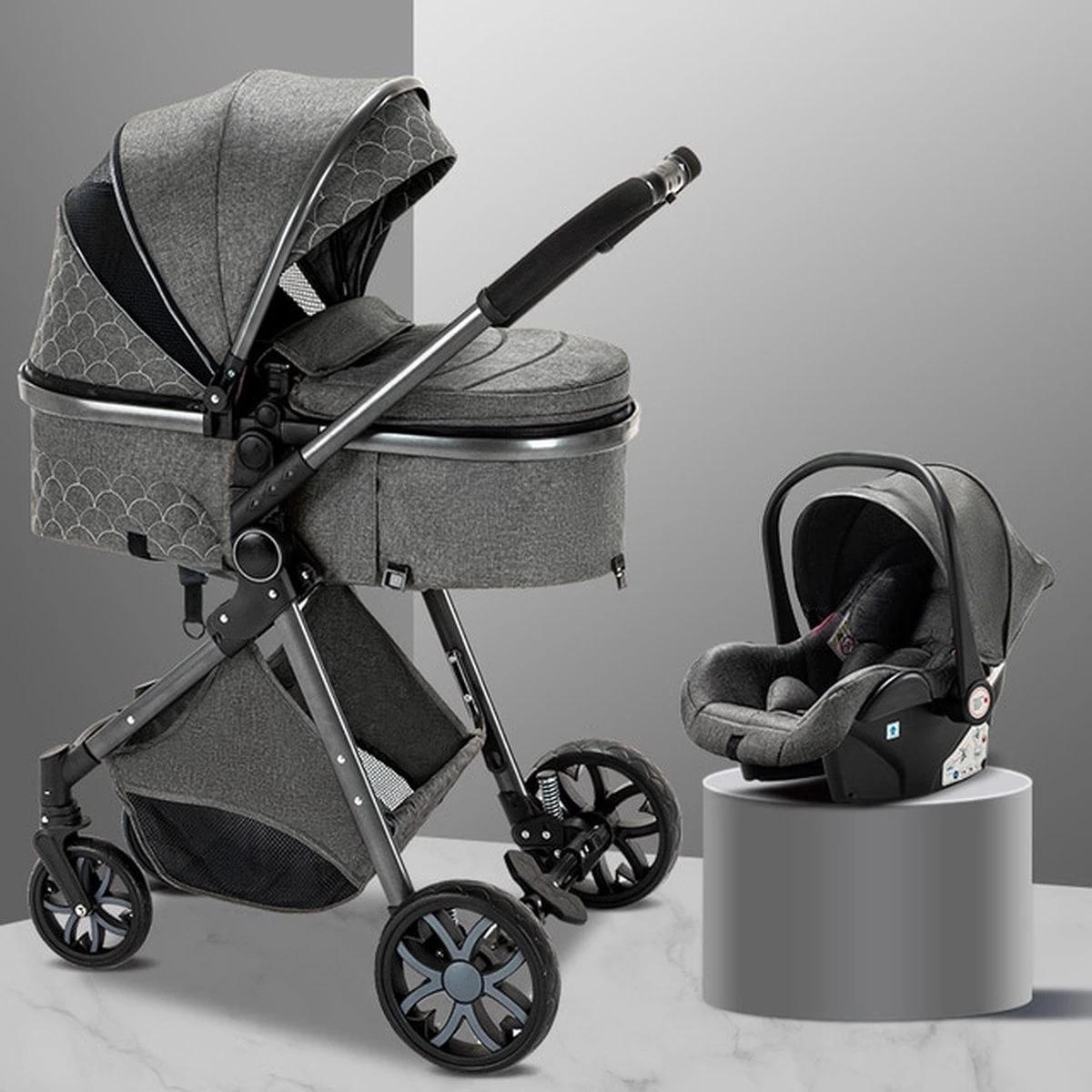 Merkloos Kinderwagen 3-in-1 – Luxe Kinderwagen - Buggy – Wandelwagen - Multifunctioneel – Opklapbaar – Incl Autostoel – Donkergrijs