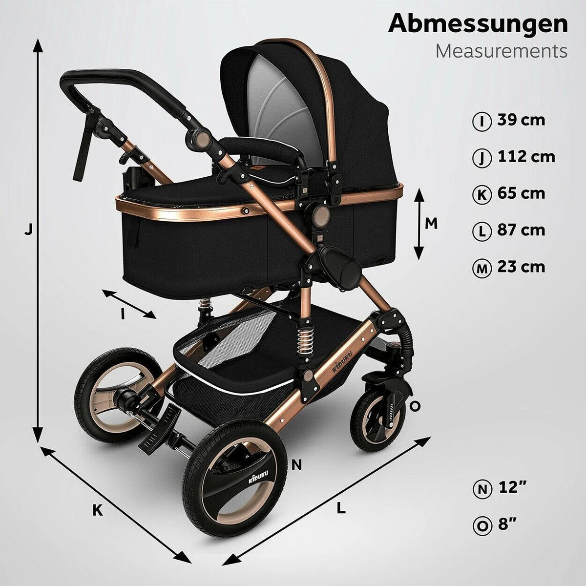 KIDUKU- 3 In 1 Combi-kinderwagen- Zwart/goud- Buggy Incl. Autostoeltje-regenhoes- Inklapbaar - Afbeelding 3