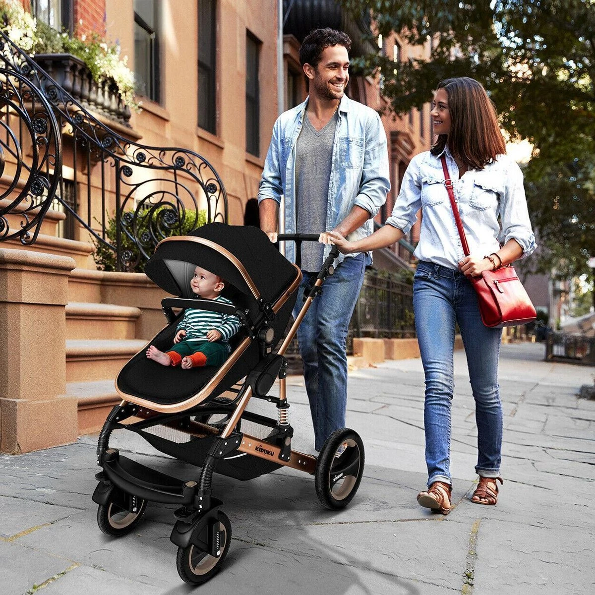 KIDUKU- 3 In 1 Combi-kinderwagen- Zwart/goud- Buggy Incl. Autostoeltje-regenhoes- Inklapbaar - Afbeelding 4