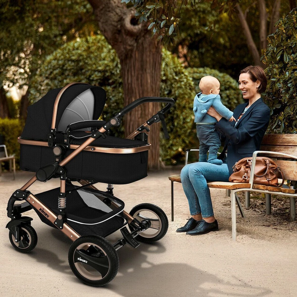 KIDUKU- 3 In 1 Combi-kinderwagen- Zwart/goud- Buggy Incl. Autostoeltje-regenhoes- Inklapbaar - Afbeelding 5
