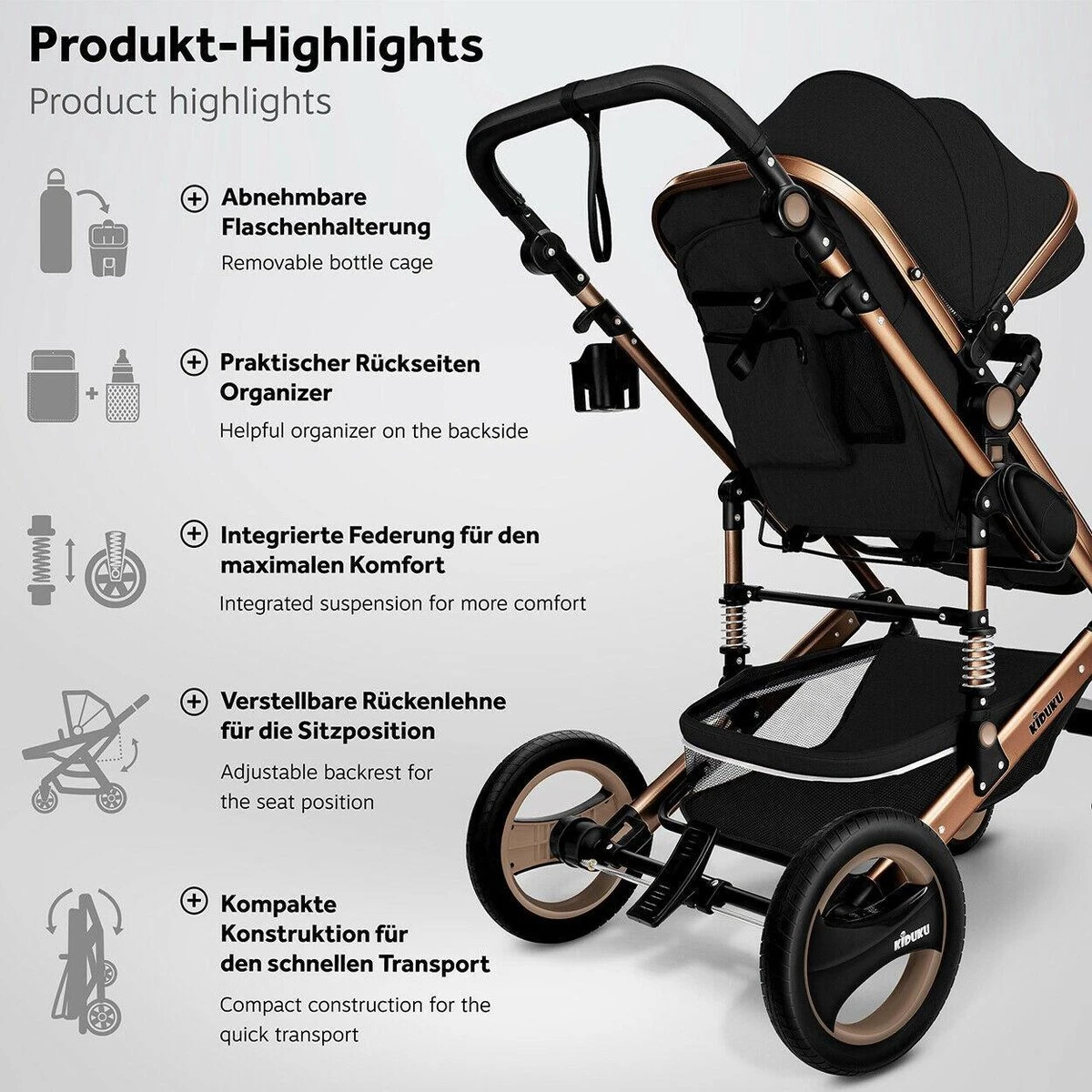 KIDUKU- 3 In 1 Combi-kinderwagen- Zwart/goud- Buggy Incl. Autostoeltje-regenhoes- Inklapbaar - Afbeelding 6