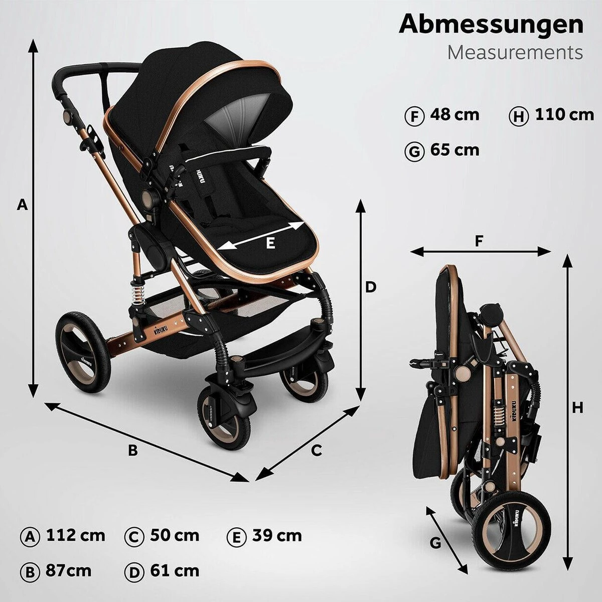 KIDUKU- 3 In 1 Combi-kinderwagen- Zwart/goud- Buggy Incl. Autostoeltje-regenhoes- Inklapbaar - Afbeelding 7