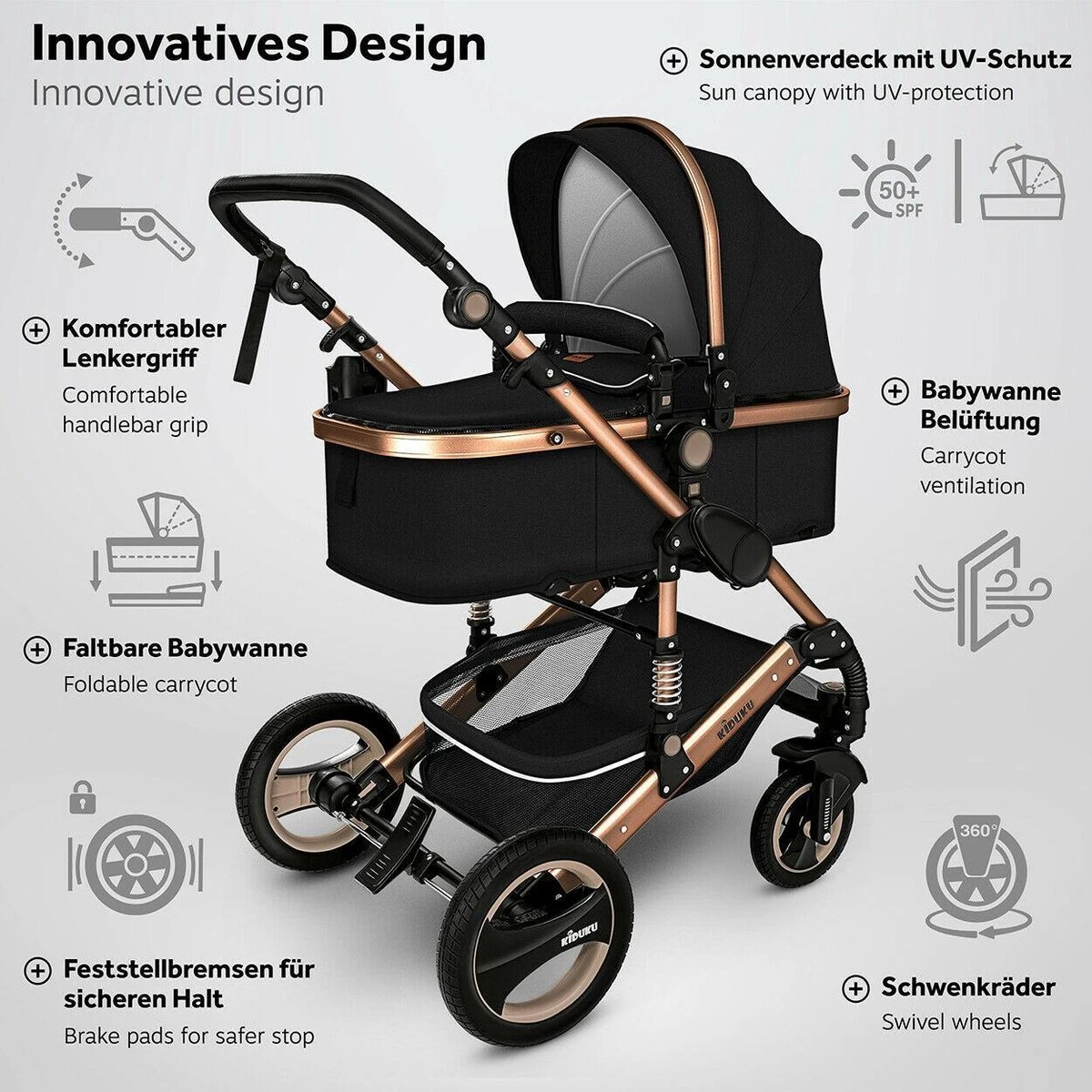 KIDUKU- 3 In 1 Combi-kinderwagen- Zwart/goud- Buggy Incl. Autostoeltje-regenhoes- Inklapbaar - Afbeelding 9