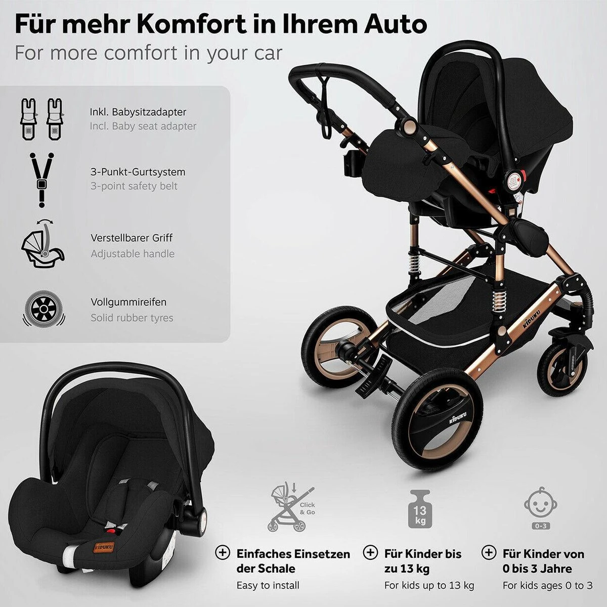 KIDUKU- 3 In 1 Combi-kinderwagen- Zwart/goud- Buggy Incl. Autostoeltje-regenhoes- Inklapbaar - Afbeelding 10