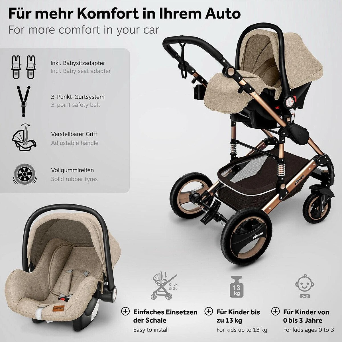 KIDUKU- 3 In 1 Combi-kinderwagen- Bruin/goud- Buggy Incl. Autostoeltje-regenhoes- Inklapbaar - Afbeelding 2
