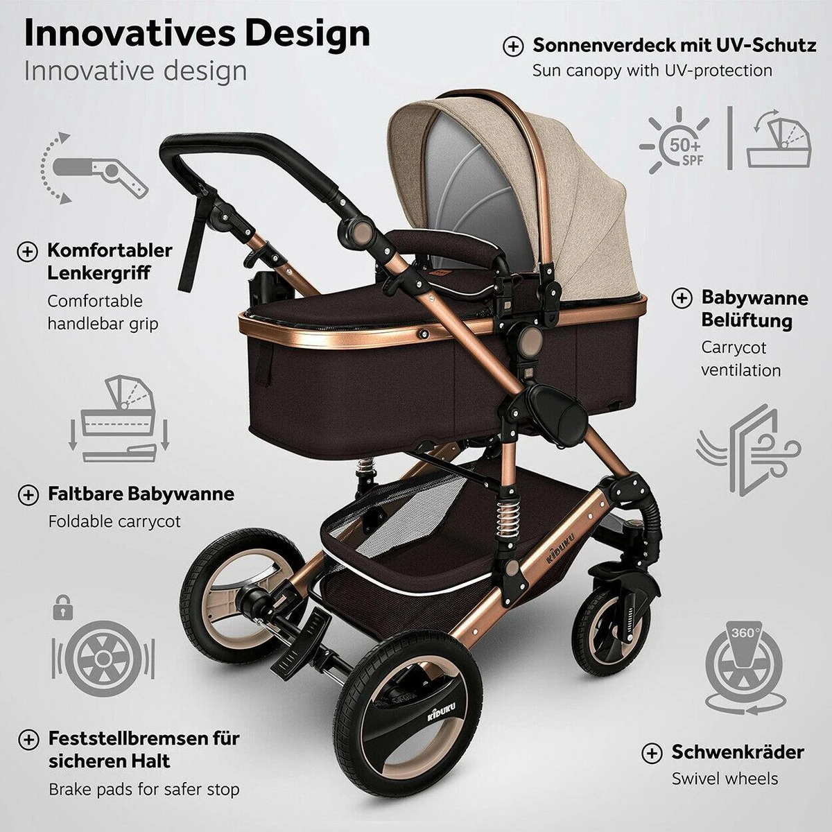 KIDUKU- 3 In 1 Combi-kinderwagen- Bruin/goud- Buggy Incl. Autostoeltje-regenhoes- Inklapbaar - Afbeelding 3