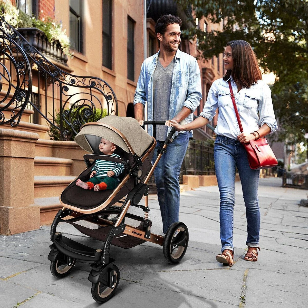 KIDUKU- 3 In 1 Combi-kinderwagen- Bruin/goud- Buggy Incl. Autostoeltje-regenhoes- Inklapbaar - Afbeelding 4