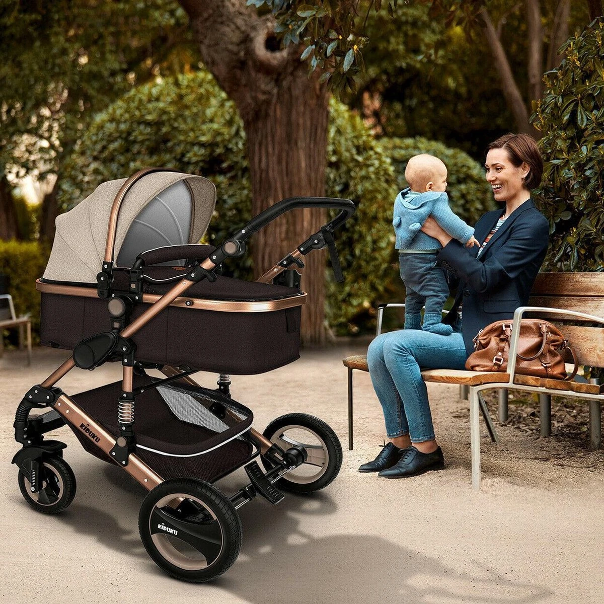 KIDUKU- 3 In 1 Combi-kinderwagen- Bruin/goud- Buggy Incl. Autostoeltje-regenhoes- Inklapbaar - Afbeelding 5