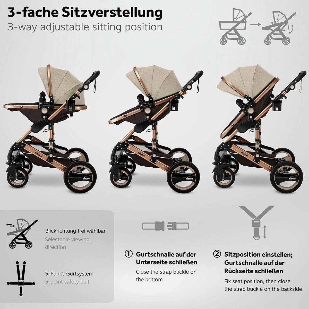 KIDUKU- 3 In 1 Combi-kinderwagen- Bruin/goud- Buggy Incl. Autostoeltje-regenhoes- Inklapbaar - Afbeelding 6
