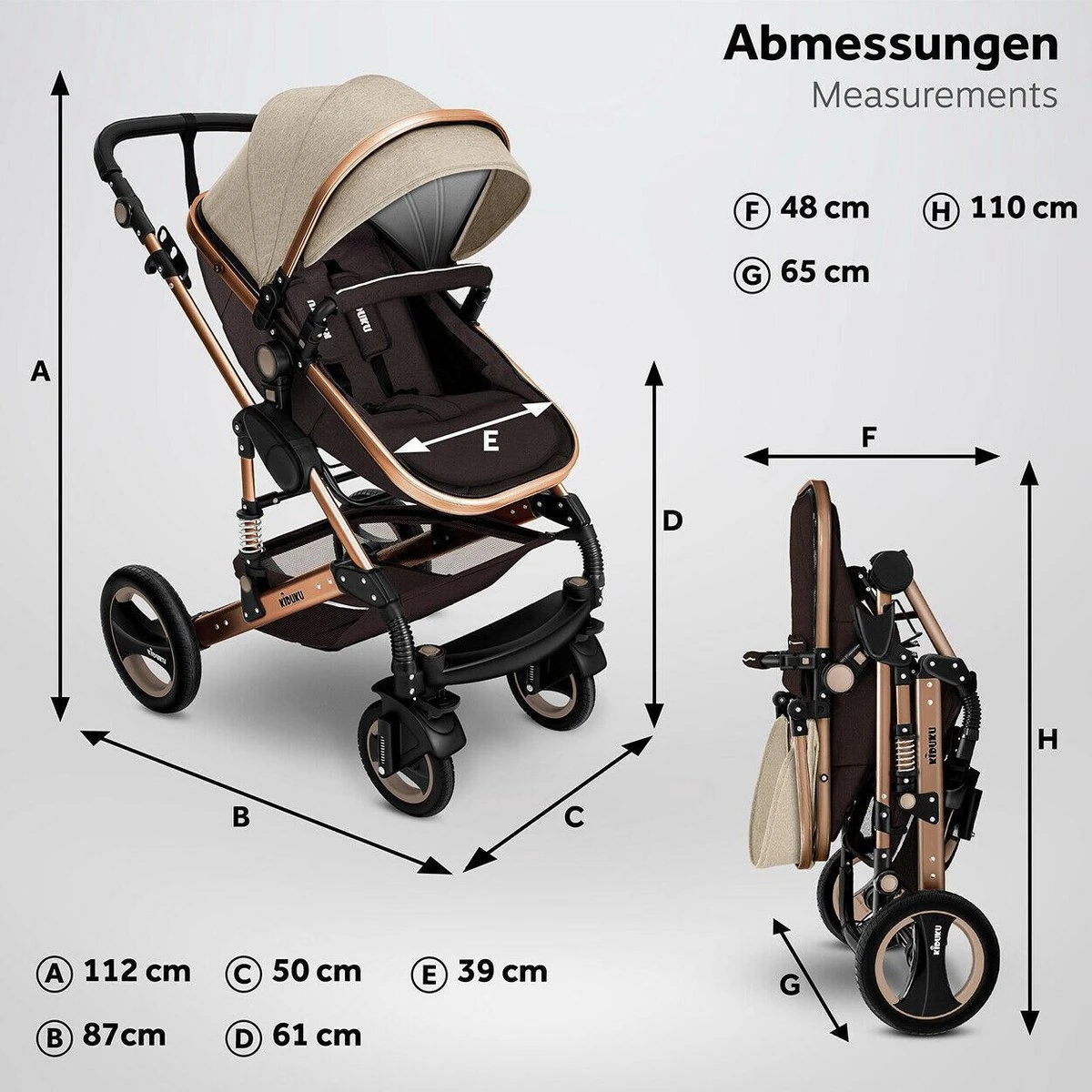 KIDUKU- 3 In 1 Combi-kinderwagen- Bruin/goud- Buggy Incl. Autostoeltje-regenhoes- Inklapbaar - Afbeelding 7