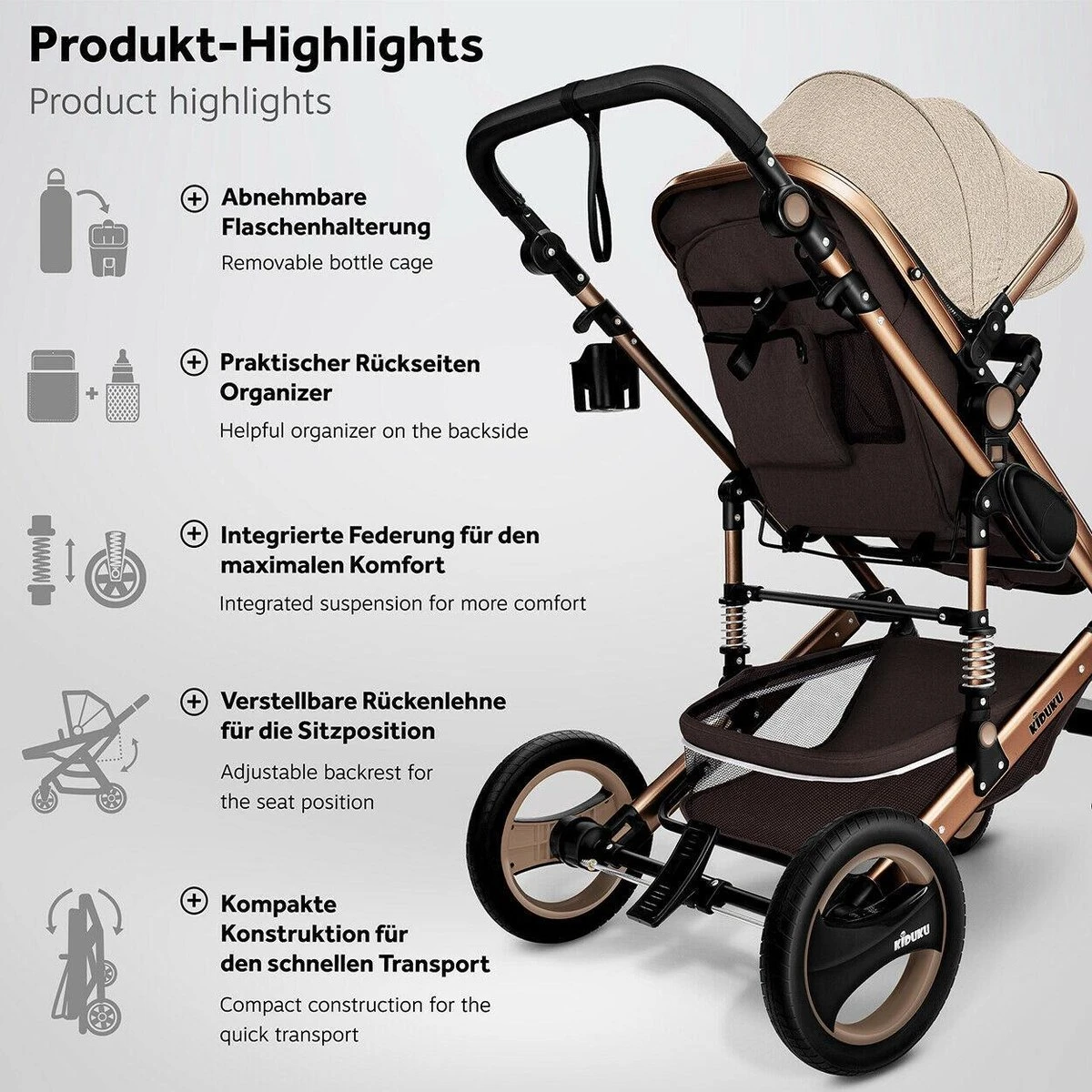 KIDUKU- 3 In 1 Combi-kinderwagen- Bruin/goud- Buggy Incl. Autostoeltje-regenhoes- Inklapbaar - Afbeelding 9