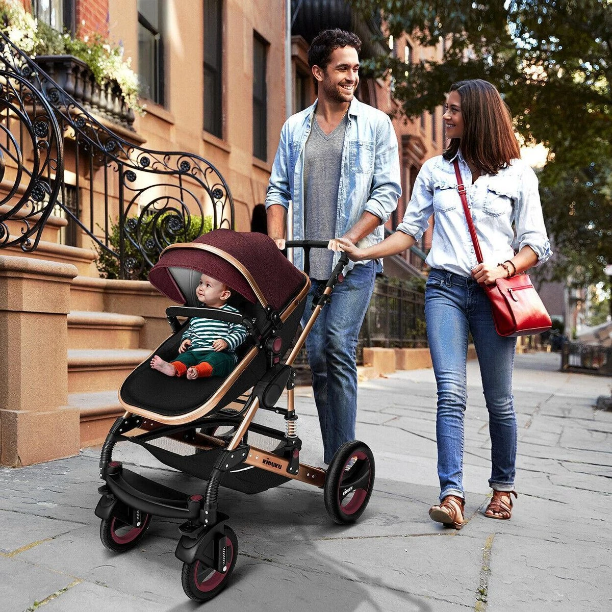 KIDUKU- 3 In 1 Combi-kinderwagen- Bordeaux- Zwart-goud- Buggy Incl. Autostoeltje-regenhoes- Inklapbaar - Afbeelding 4