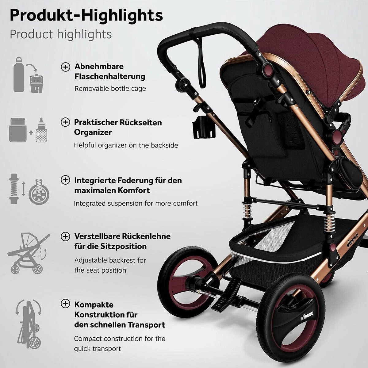 KIDUKU- 3 In 1 Combi-kinderwagen- Bordeaux- Zwart-goud- Buggy Incl. Autostoeltje-regenhoes- Inklapbaar - Afbeelding 6