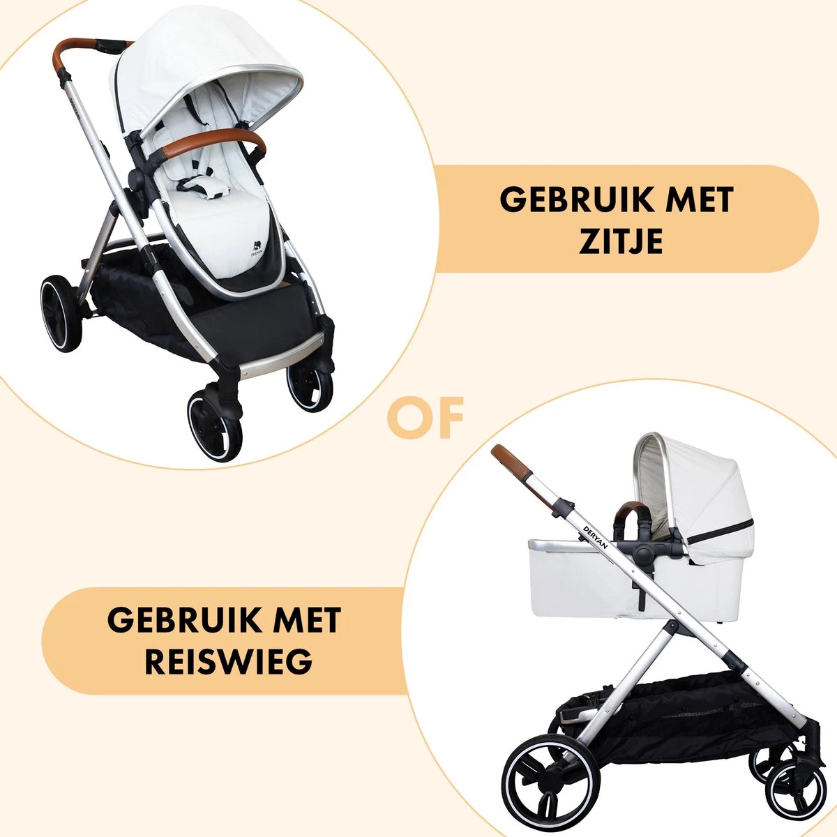 Deryan Evy Kinderwagen - Duo Kinderwagen - Uitbreidbaar - Inclusief Reiswieg - Creme - Afbeelding 2