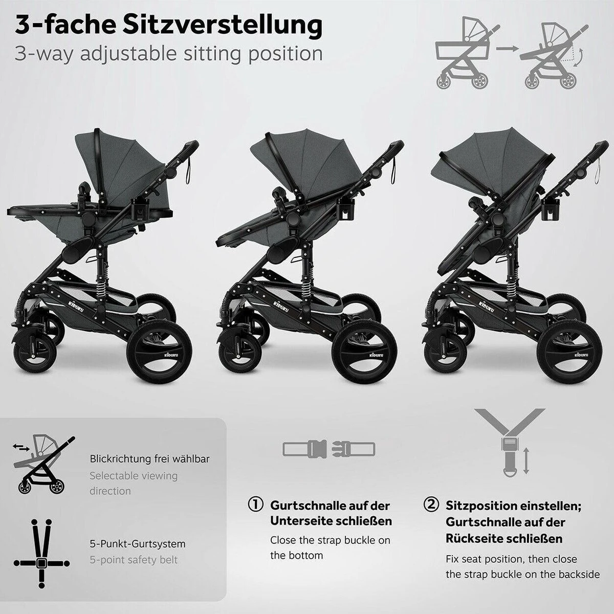 KIDUKU- 3 In 1 Combi-kinderwagen- Antraciet/zwart Buggy Incl. Autostoeltje-regenhoes- Inklapbaar - Afbeelding 2
