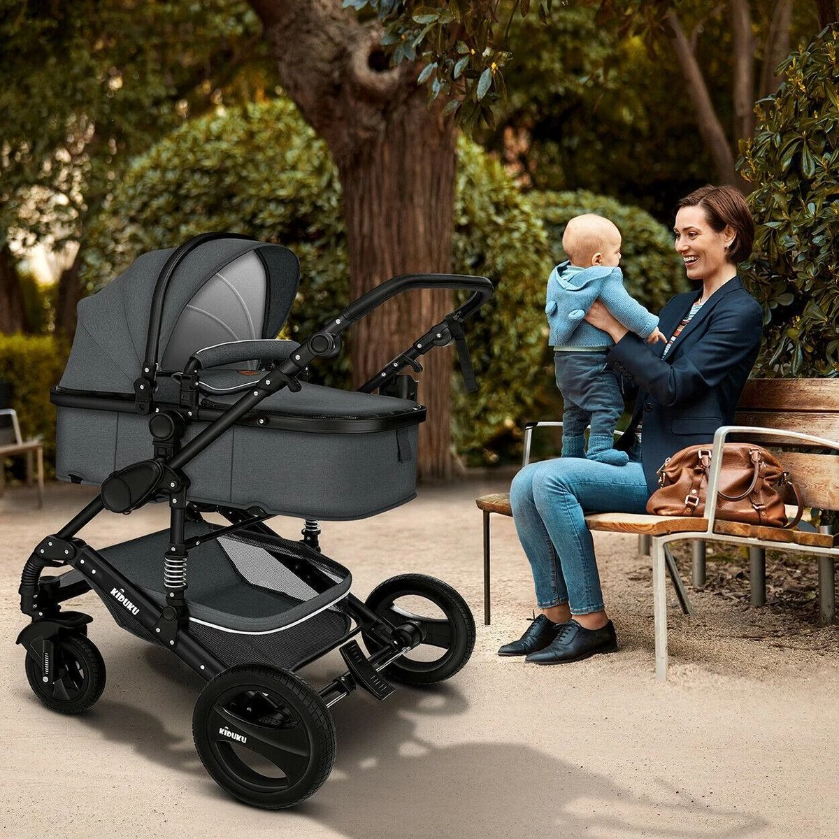 KIDUKU- 3 In 1 Combi-kinderwagen- Antraciet/zwart Buggy Incl. Autostoeltje-regenhoes- Inklapbaar - Afbeelding 5