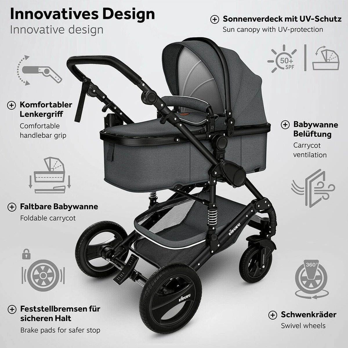 KIDUKU- 3 In 1 Combi-kinderwagen- Antraciet/zwart Buggy Incl. Autostoeltje-regenhoes- Inklapbaar - Afbeelding 6